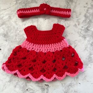 Handmade Red and Pink Crochet Teddy Dress with Headband